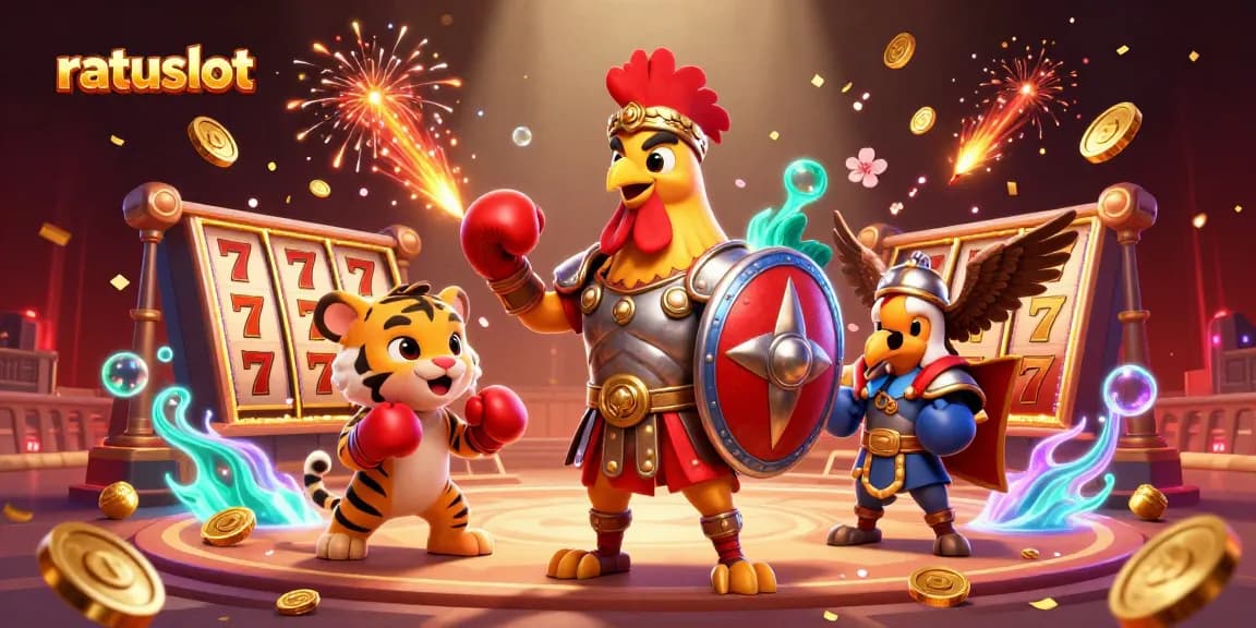 Engage in thrilling action at ratuslot with a gladiator rooster and tiger cub amidst slot reels.