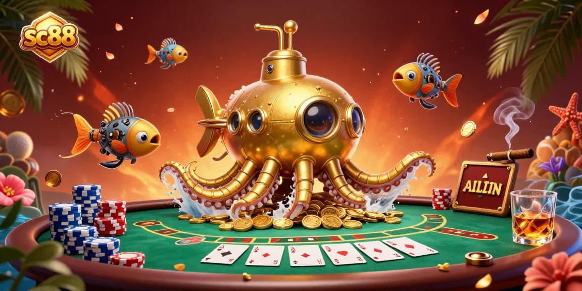 Engage with sc88's vibrant casino atmosphere as the golden kraken submarine surfaces among riches and poker action.