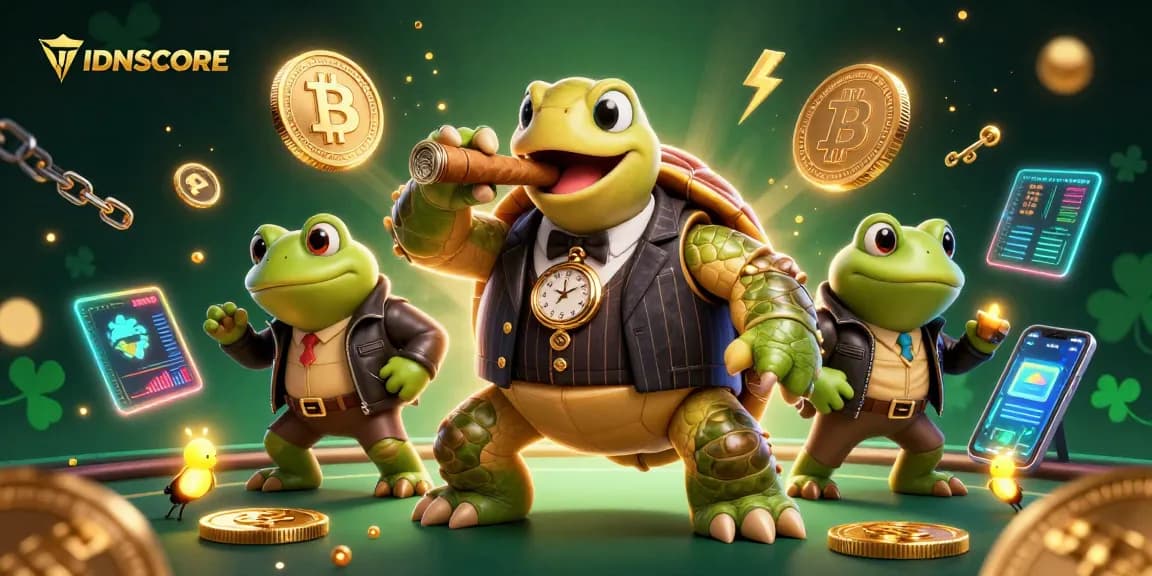 IDNSCORE's innovative gaming platform featuring a turtle mobster and bullfrog enforcers amidst vibrant casino elements.