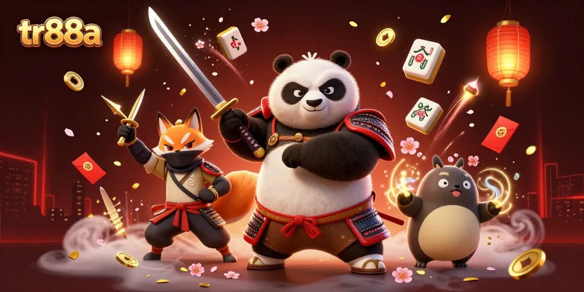 Experience the vibrant gaming world at TR88A with a dynamic scene featuring an armored panda and ninja fox surrounded by magical casino elements.