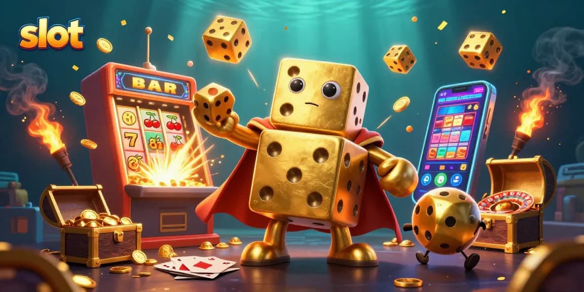 Menangkan slot dengan karakter golem dadu emas dan mesin slot berkilauan dalam ilustrasi kasino 3D.