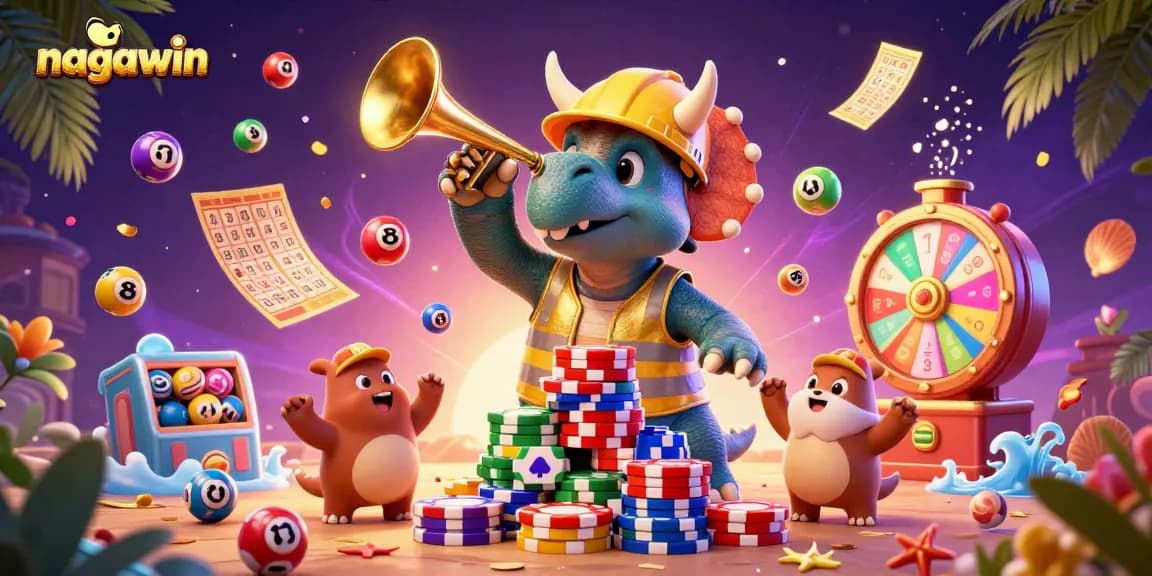 Nagawin menyajikan suasana meriah dengan triceratops membangun piramida chip poker di latar belakang yang spektakuler.