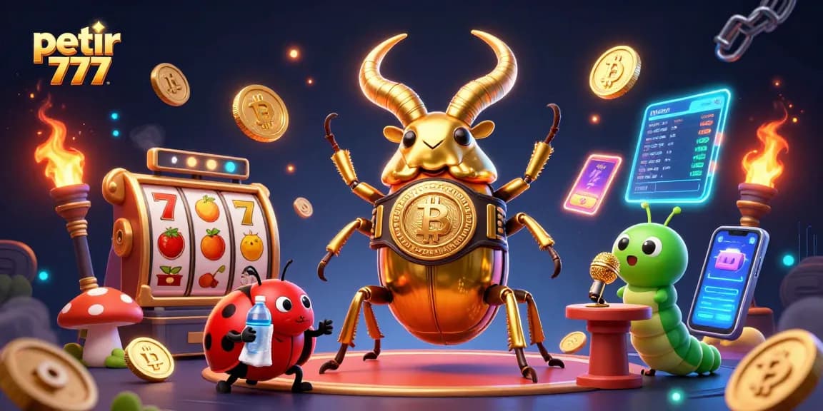 Experience the thrill of petir 777 in a dynamic illustration featuring a giant golden stag beetle champion.