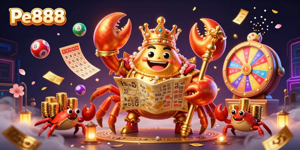 Engage with Pe888's vibrant online gaming universe featuring a golden crab emperor and spectacular lottery elements.