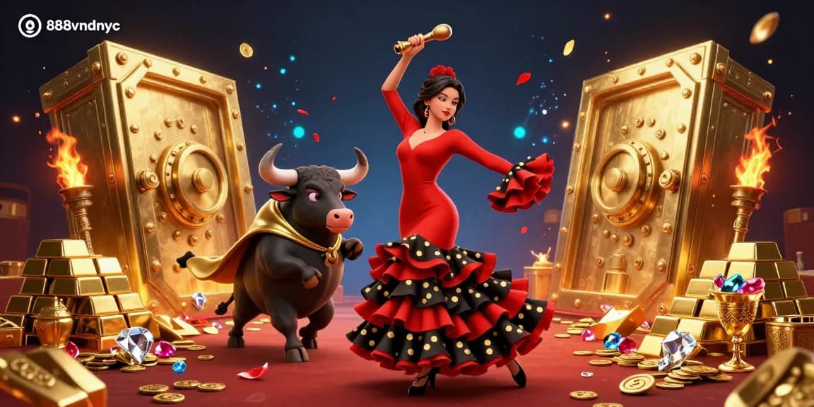 Experience the thrill of winning at 888vndnyc with an exciting casino scene featuring a flamenco dancer and a golden bull.