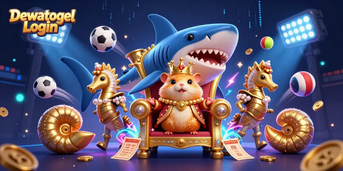 Dewatogel Login provides players with a thrilling experience featuring a golden hamster king and seahorse guards amidst vibrant casino elements.