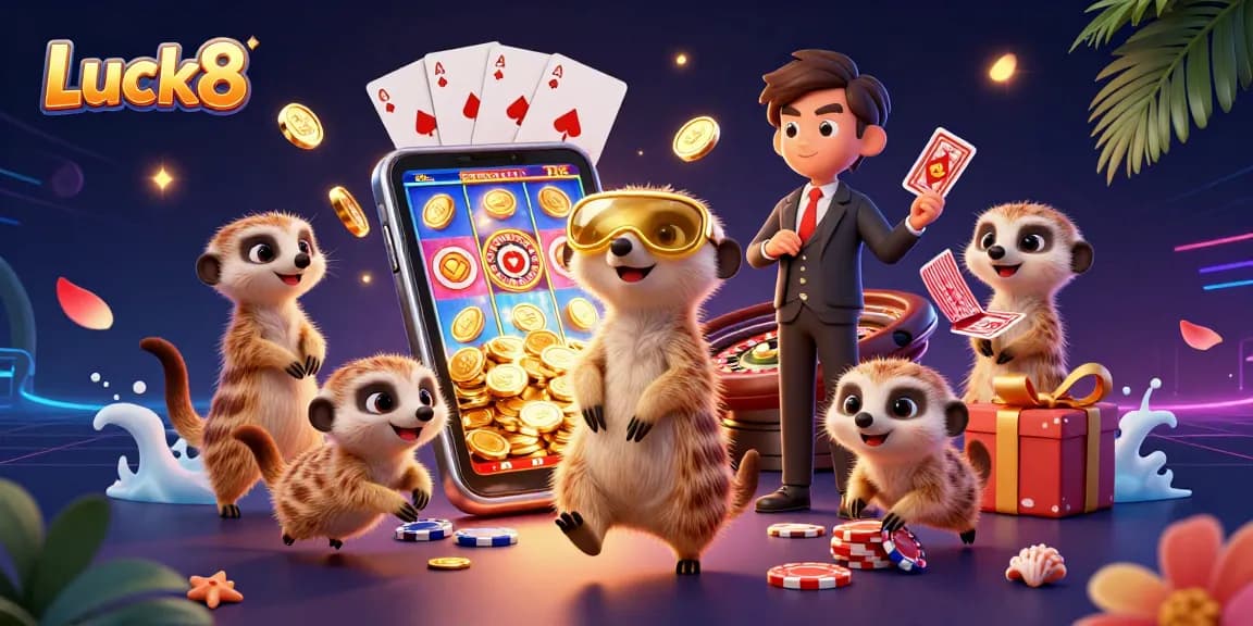 Experience the electrifying world of Luck8 where meerkats run a vibrant casino operation with slots and poker action.