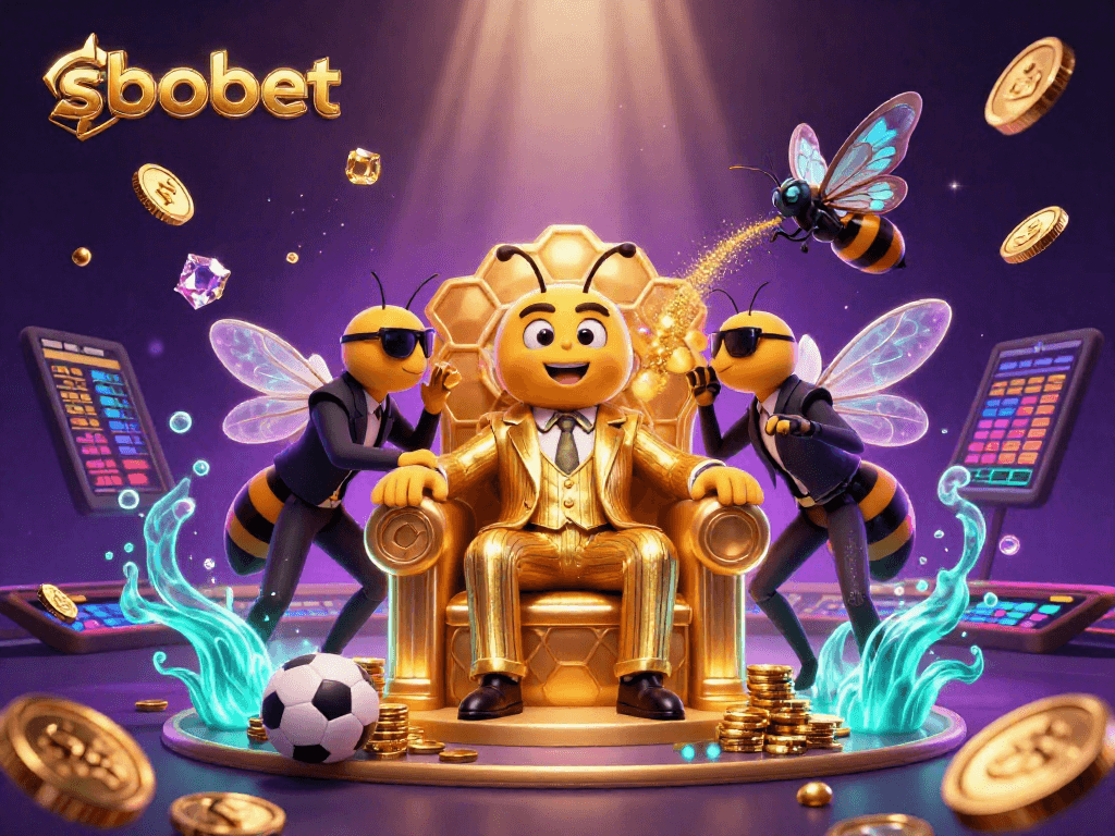 SBOBET sports betting illustration featuring a cartoon bumblebee mob boss, dynamic sports elements, and vibrant coin effects.