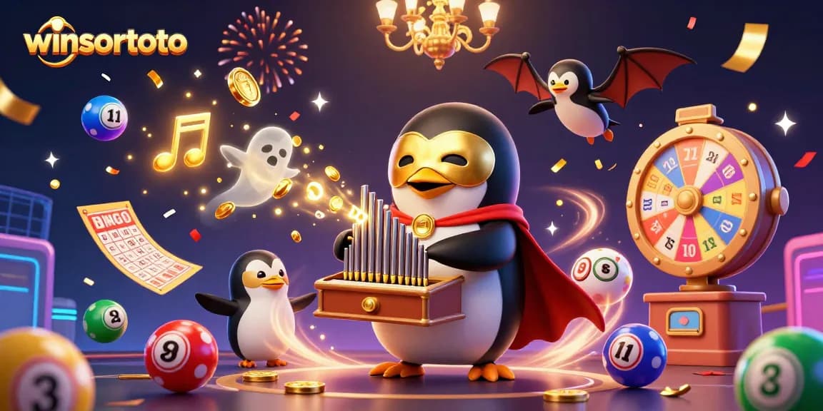 Permainan winsortoto dengan penguin berbaju opera dan koin emas berhamburan di sekitar.