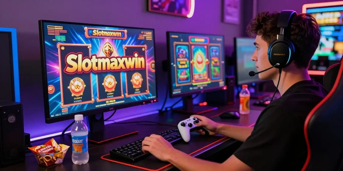 Engaged gamer enjoying Slotmaxwin on a vibrant gaming setup with dynamic visuals.