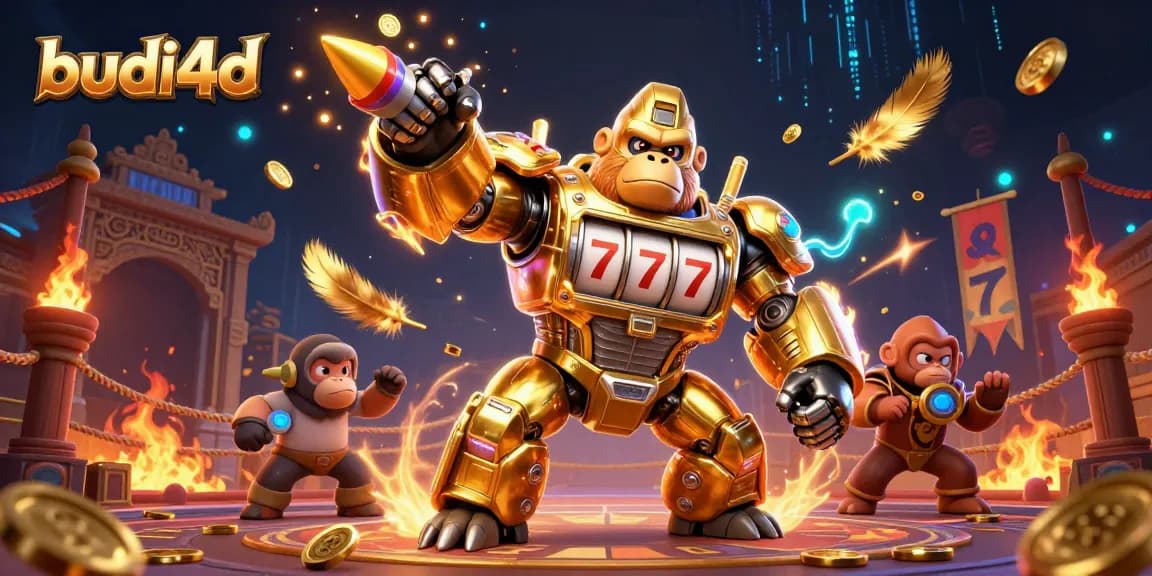 Engage in thrilling jackpots at budi4d with a golden gorilla mech and spinning slot machine features.