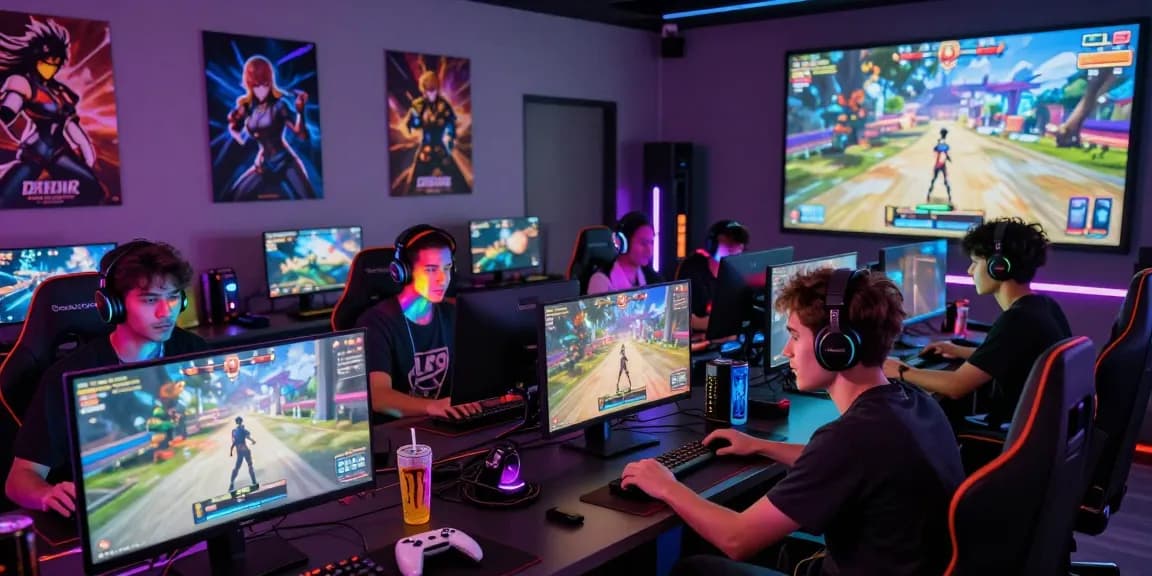Gamers enjoying 3D hentai game in a vibrant gaming room setup.
