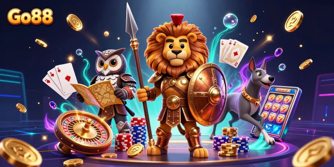 Experience the vibrant world of Go88 as the Spartan lion and friends embrace thrilling casino action.