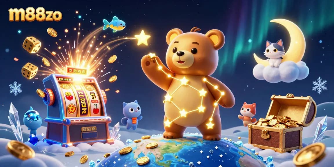 Spin the reels with m88zo's vibrant casino scene featuring a constellation bear and coins.