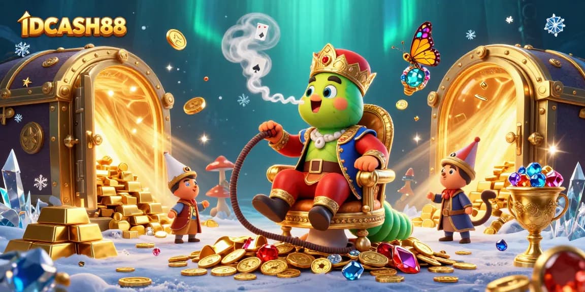 Spin the reels at IDCASH88 with exciting slots visuals featuring fun characters and treasure.