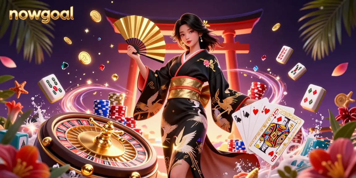 Experience real-time gaming excitement with nowgoal's vibrant casino illustration featuring dynamic roulette and poker scenes.
