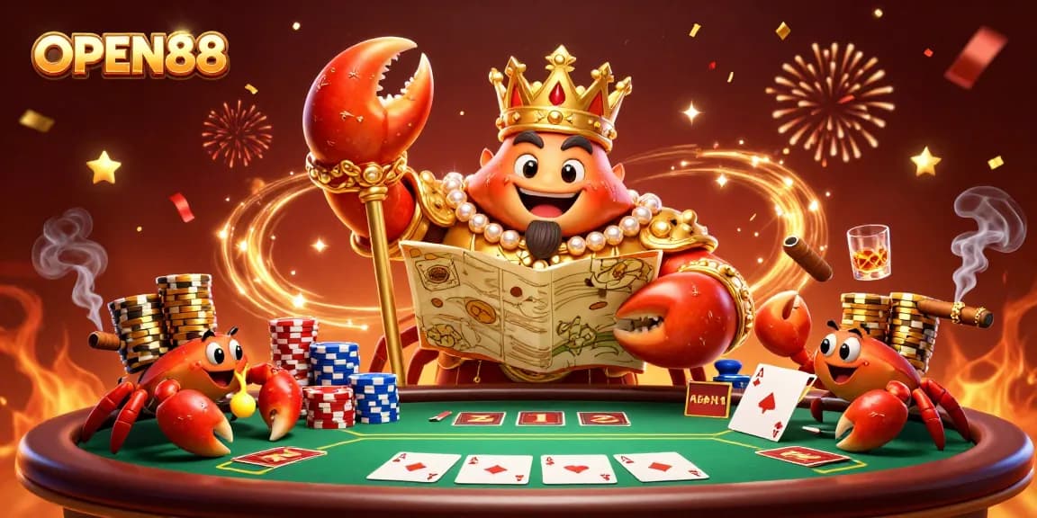 Open88 players enjoy a vibrant casino scene with a golden crab emperor surrounded by poker elements.