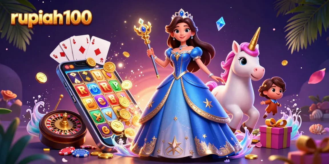 Spin colorful slot games and win rewards at rupiah100 with vibrant casino illustrations.