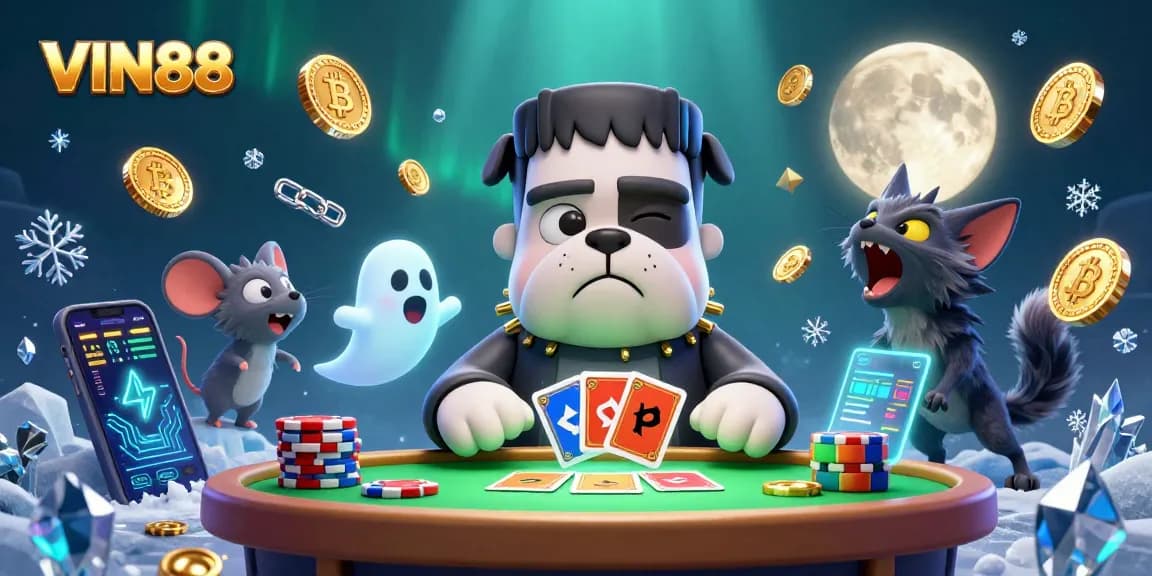 VIN88 shines as a haunted casino scene with a Frankenstein bulldog, ghost mouse, and werewolf kitten.