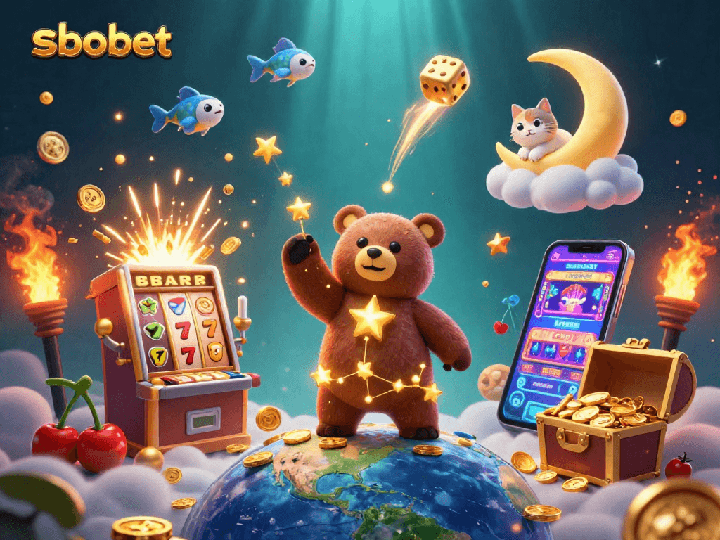 SBOBET offers exciting betting options amidst a vibrant casino scene filled with gold coins and jackpots.