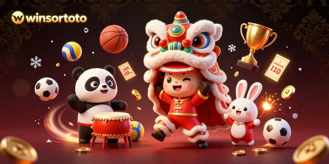 Winsortoto showcases a vibrant 3D animated scene with a festive lion dance, engaging character action, and dynamic sports elements.