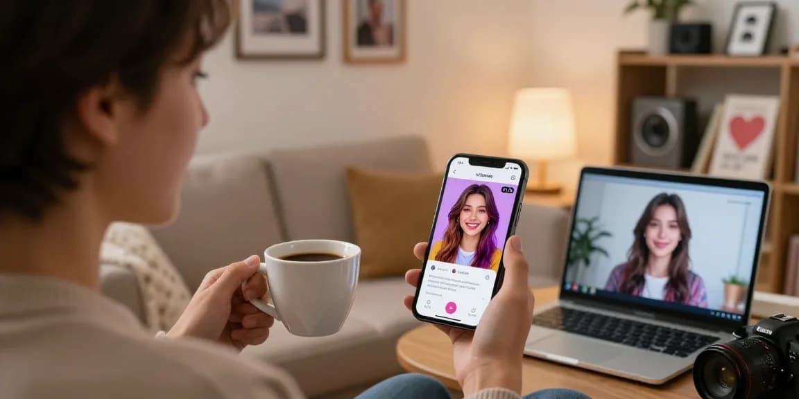 Engaging AI girlfriend conversation on smartphone in cozy living room, highlighting virtual companionship.