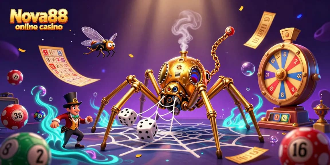 Experience excitement at Nova88 online casino with vibrant lottery and game elements in a whimsical 3D scene.
