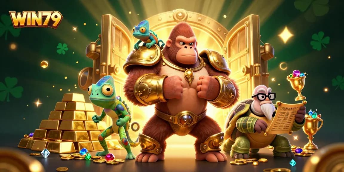 Join the excitement of WIN79 with a powerful gorilla king, chameleon spy, and wise tortoise in a vibrant casino scene.