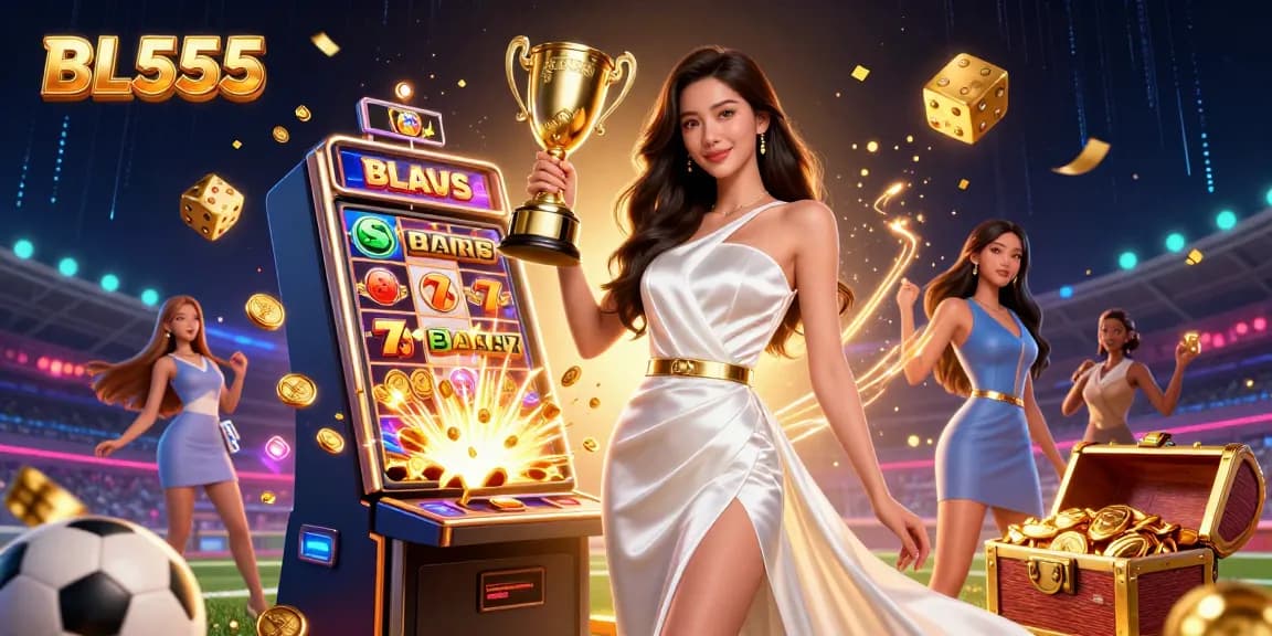 Experience the thrill of sports betting and slot machines with BL555, featuring a confident winner and casino elements.