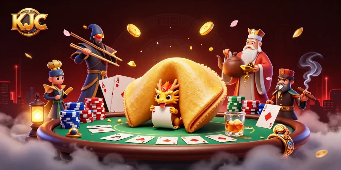 Engage with KJC's vibrant casino scene featuring a golden fortune cookie, dragon, and poker elements in an elaborate 3D illustration.