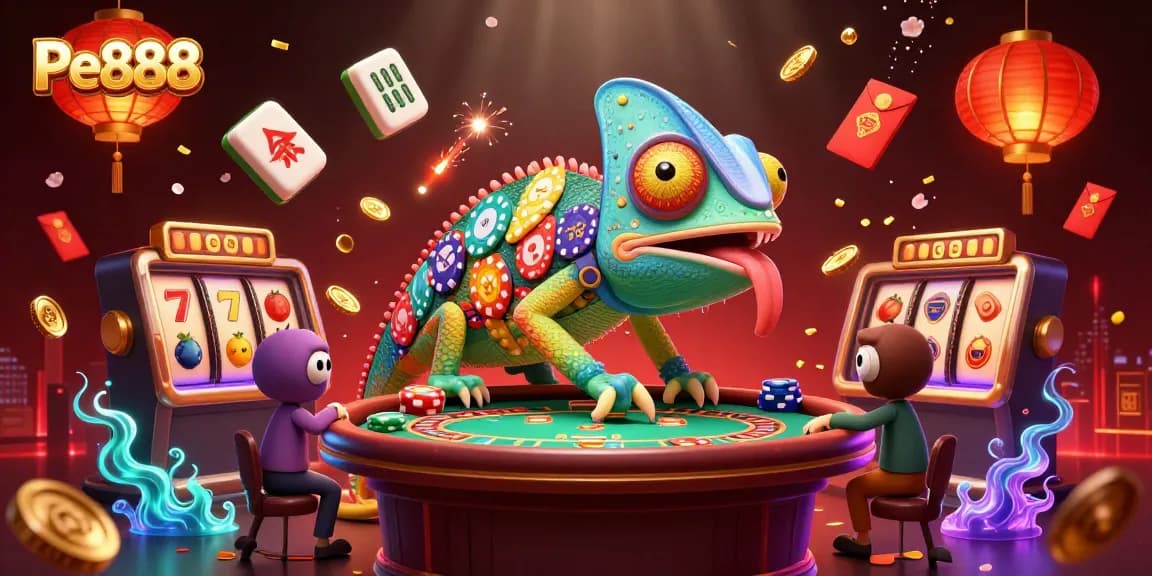 Experience Pe888 with a vibrant chameleon casino owner amidst dynamic gaming elements.