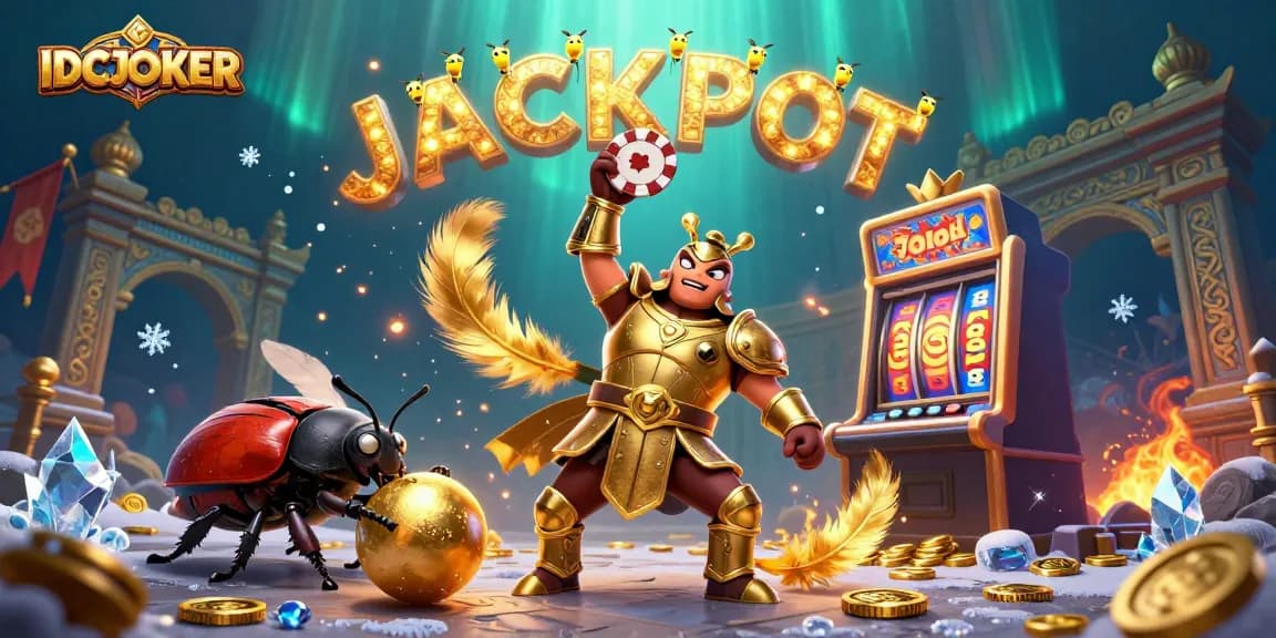 Play and win at IDCJOKER with a victorious beetle character and vibrant slot elements.