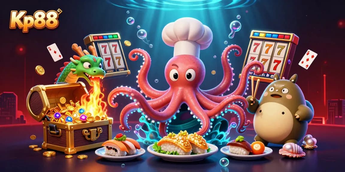 Kp88 engages players with vibrant casino-themed illustration featuring an octopus chef and dragon.