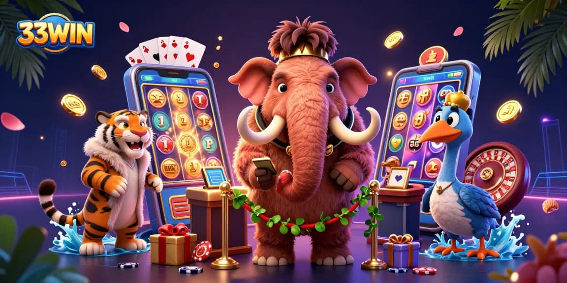 33WIN casino bouncer checks IDs as a saber-tooth guest enjoys slot games in a vibrant setting.