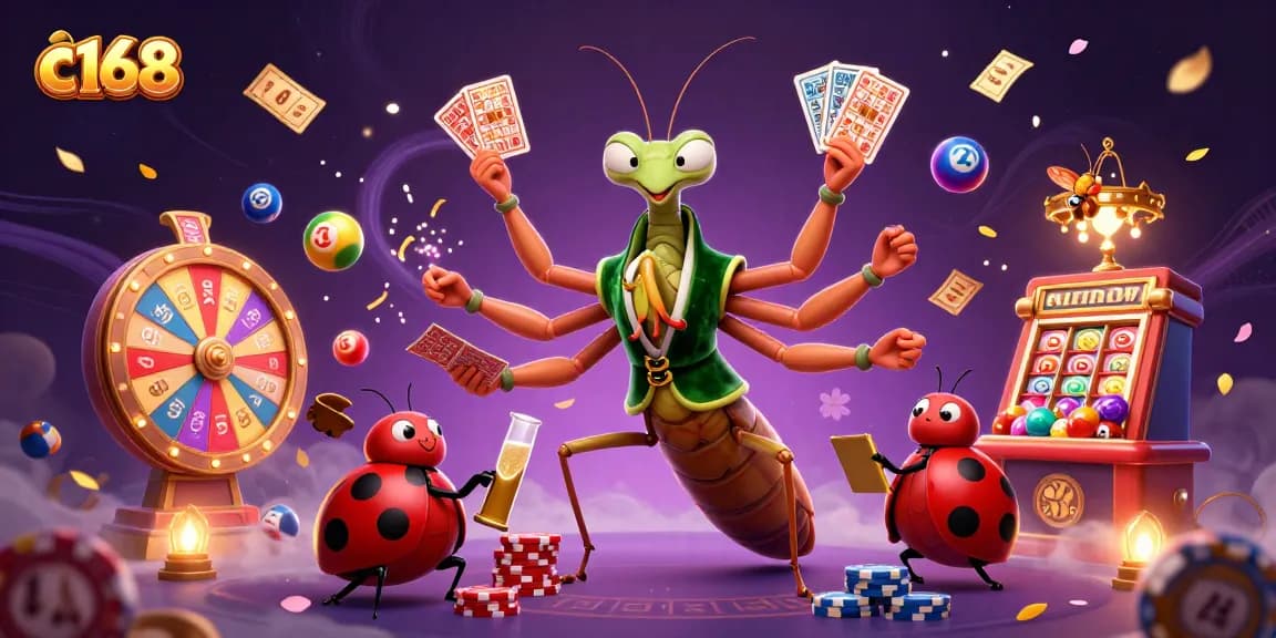 C168 online casino features a giant praying mantis as a card sharp dealing cards in a vibrant 3D illustration
