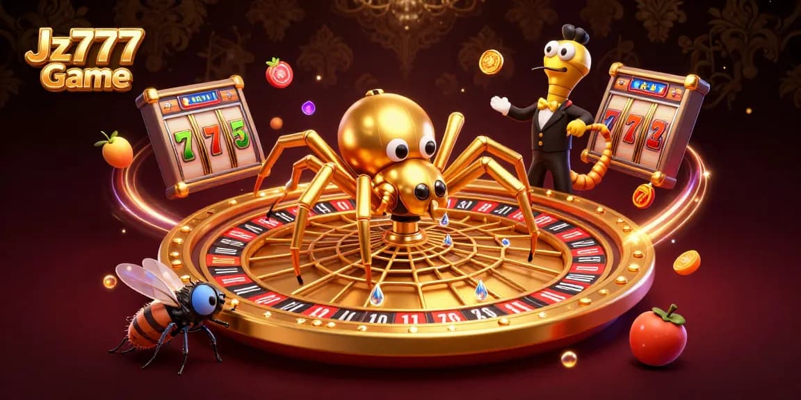 Experience the thrilling gameplay of Jz777 Game as the golden spider spins a roulette web in this vibrant illustration.