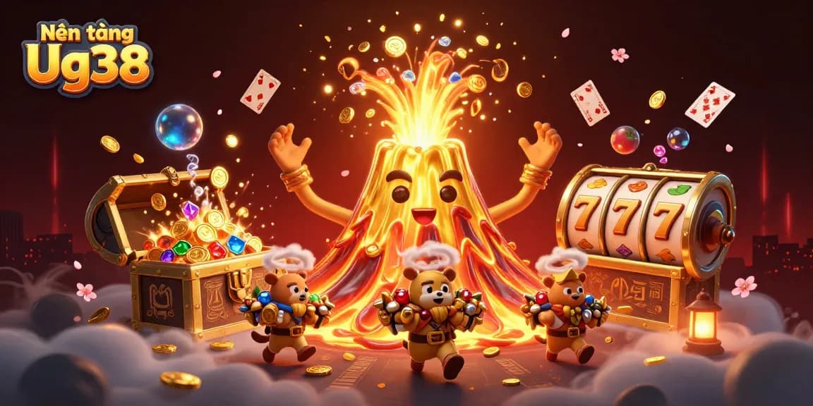 Nền tảng Ug38 unleashes treasures with vibrant slot symbols and animated jewels in a dynamic casino illustration.