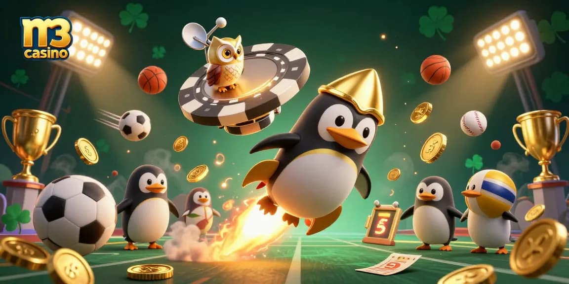 Play at m3 casino with dynamic sports elements and a golden penguin character.