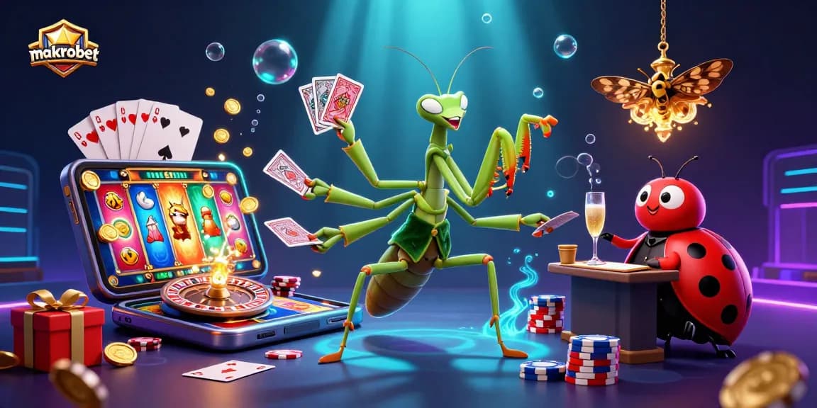 Makrobet'te şans oyunlarına adım atan karakterler, canlı casino deneyimi sunan detaylarla dolu bir sahnede.