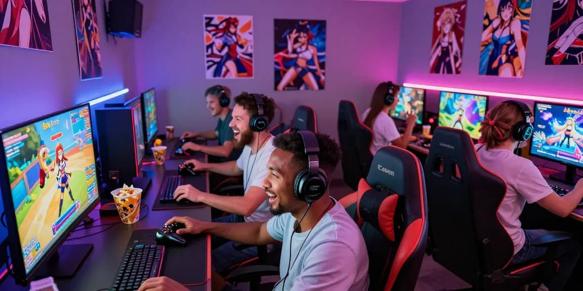 Engaged players enjoying hentai games in a vibrant gaming room, surrounded by colorful graphics and anime decor.