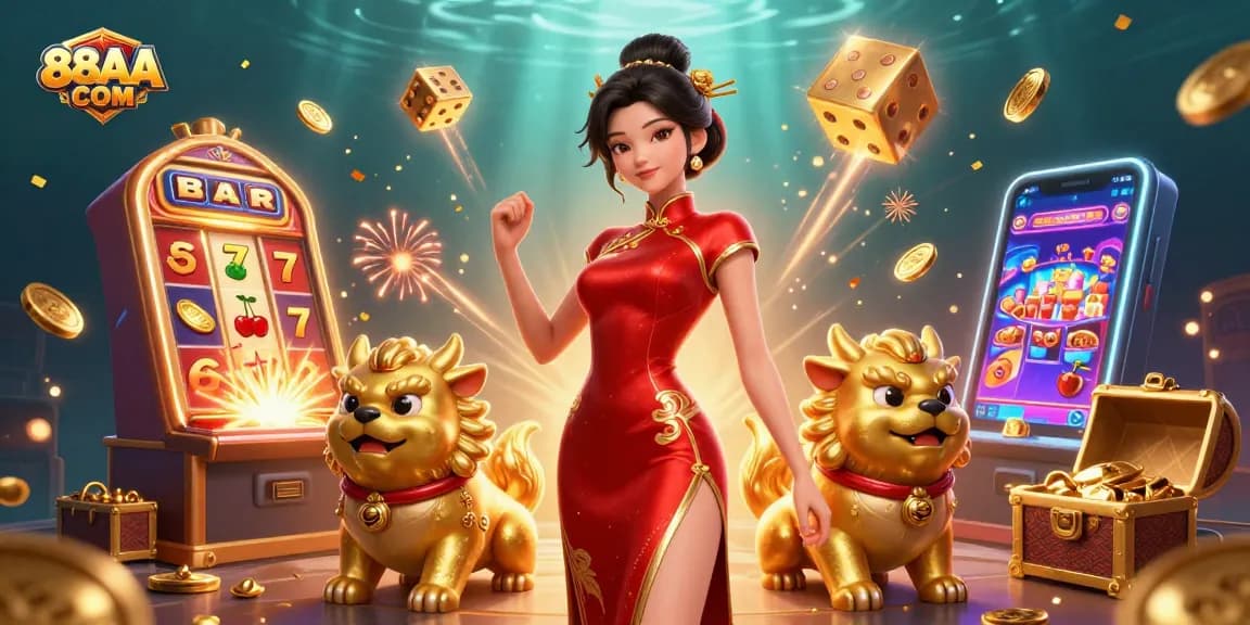 Experience thrilling wins with 88AA COM's vibrant casino celebration featuring a glamorous woman and golden foo dog guardians.