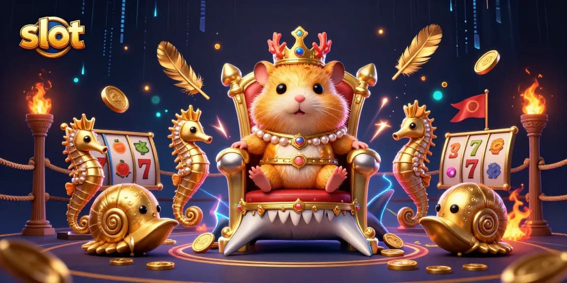 Spin the slot reels as a golden hamster king rules the vibrant casino arena.