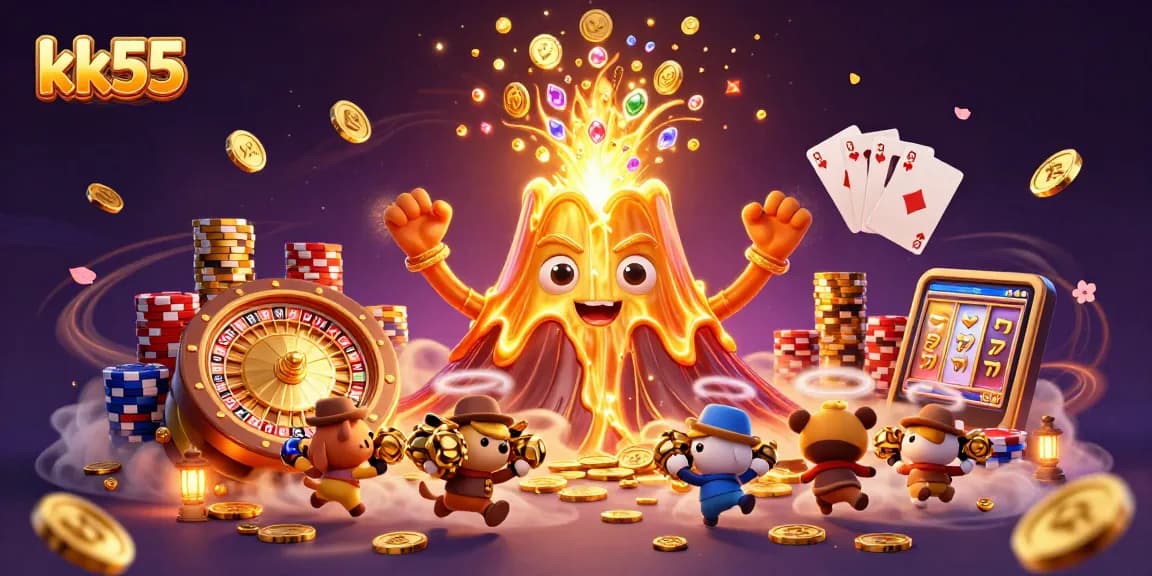 Join the excitement with kk55 and witness a glorious eruption of coins and treasures in this vibrant casino scene.