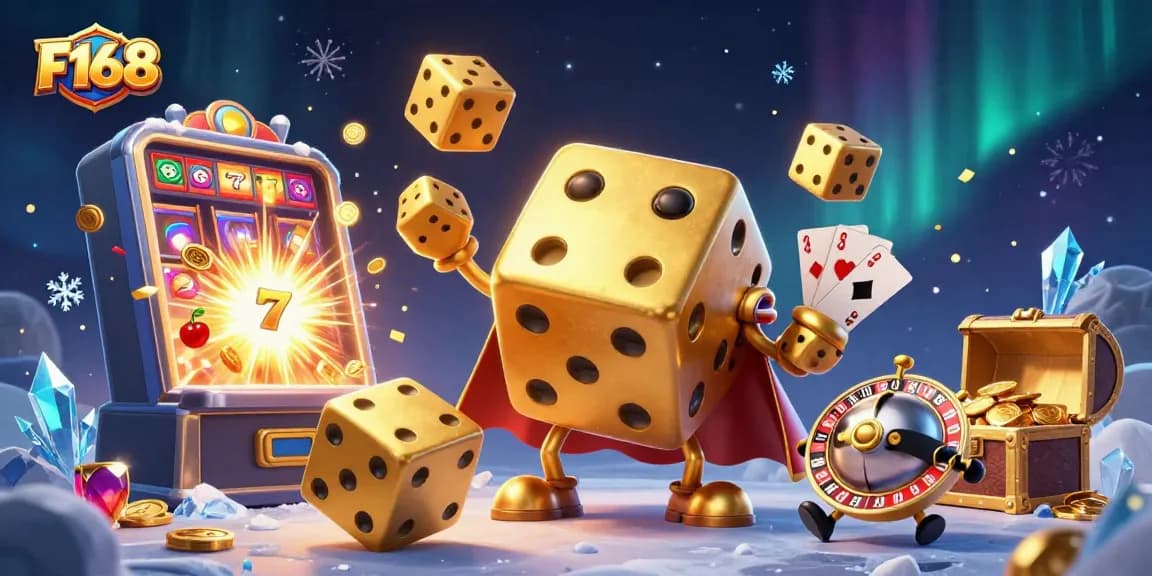 Engage with F168 at this vibrant and dynamic casino scene filled with golden elements and excitement.