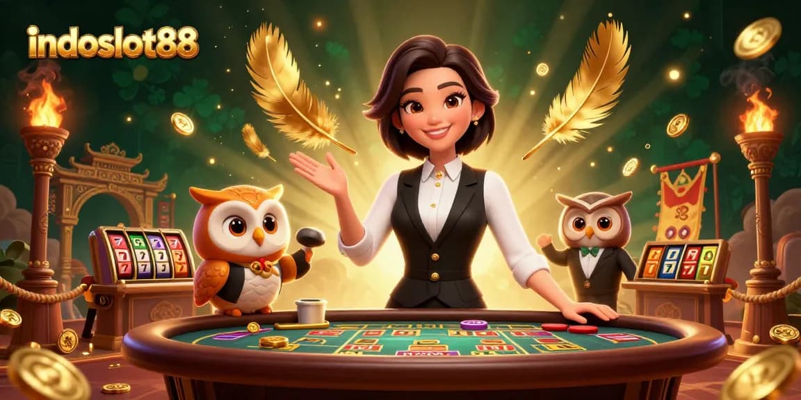 Experience the thrill at indoslot88 with an engaging casino scene featuring slot games and vibrant characters.