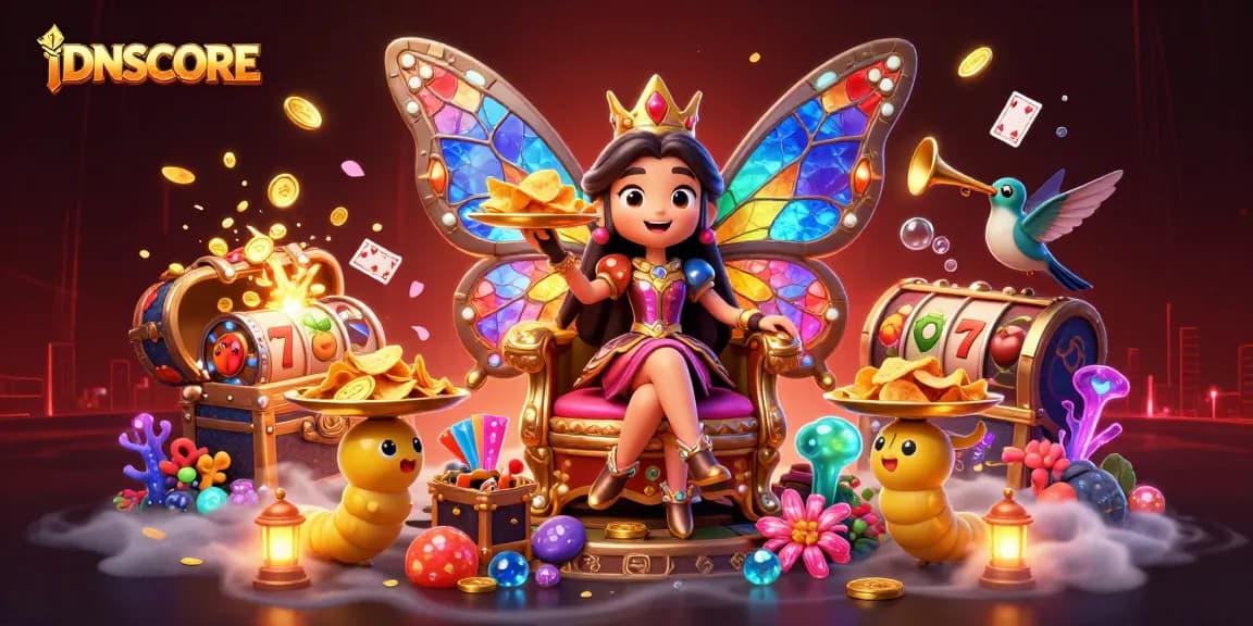IDNSCORE players enjoy vibrant casino excitement with stunning butterfly queen and treasure visuals.