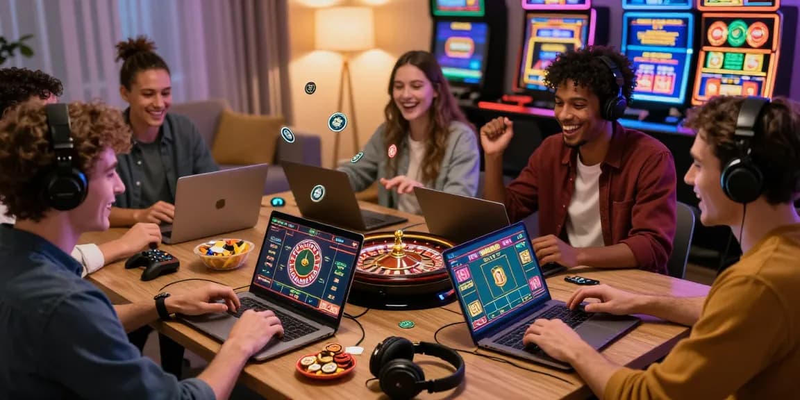 Exciting scene of players engaging in casino non aams games from home, showing diverse groups enjoying digital gaming.