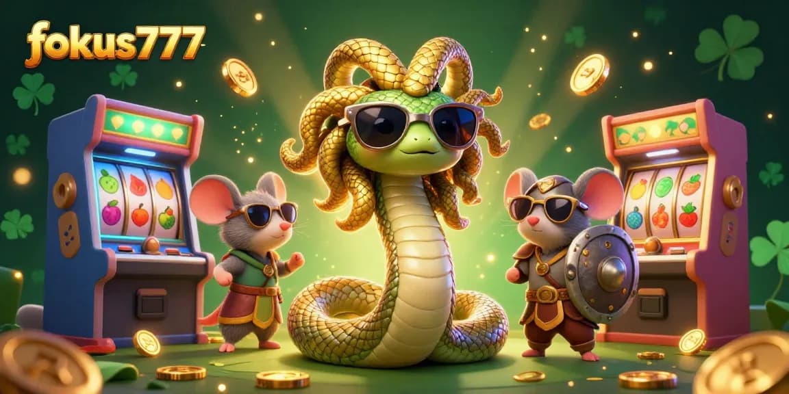 Engage with fokus777: A vibrant 3D illustration showcasing Medusa and game elements in a lively online casino setting.