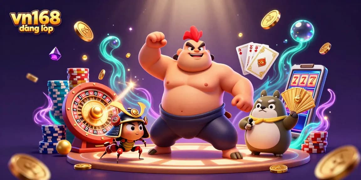 Experience vn168 đăng nhập, a thrilling scene featuring a powerful sumo wrestler and exciting casino elements.
