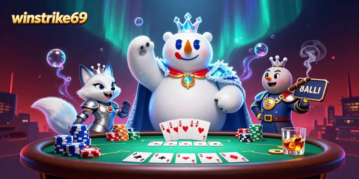 Engage in the thrill of winstrike69 with dynamic poker action featuring a regal polar bear and fox.